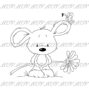 Lotv Digi Stamp - GC - Little Friends Mouse avec Daisy, Jpg, Birthday, Flowers, Digital, Artwork