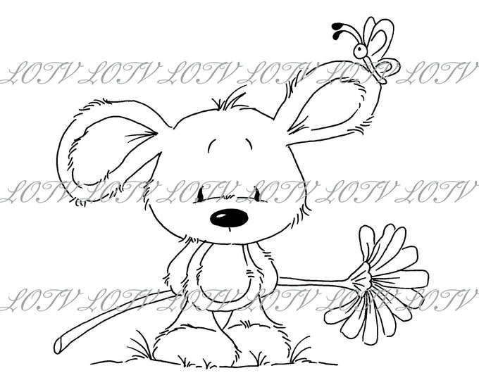 Lotv Digi Stamp - GC - Little Friends Mouse with Daisy,  Jpg, Birthday, Flowers, Digital, Artwork
