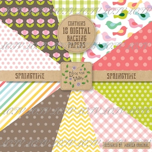 May include: A set of 18 digital papers featuring various spring-themed patterns, including polka dots, stripes, gingham, and floral designs. The papers are in a variety of colours, including pink, green, yellow, and brown. The text "CONTAINS 18 DIGITAL BACKING PAPERS" and "SPRINGTIME" is visible on the image.