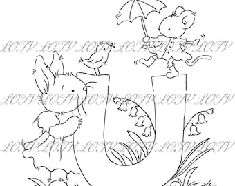 Lotv Digi Stamp - KG - Letter U - Tea Party Initials, Jpg, Rabbit and Mouse, Alphabet, Digital, Artwork