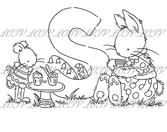 Lotv Digi Stamp - KG - Letter S - Tea Party Initials, Jpg, Rabbit and Mouse, Alphabet, Digital, Artwork