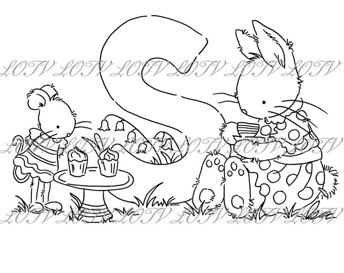 Lotv Digi Stamp - KG - Letter S - Tea Party Initials, Jpg, Rabbit and Mouse, Alphabet, Digital, Artwork