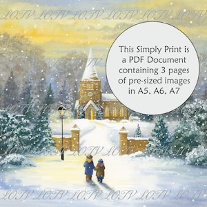 May include: A watercolor painting of a snowy winter scene with a church in the background. Two figures walk towards the church on a path lined with trees. The sky is a soft yellow with falling snow. The text "This Simply Print is a PDF Document containing 3 pages of pre-sized images in A5, A6, A7" is in a circle in the upper right corner.