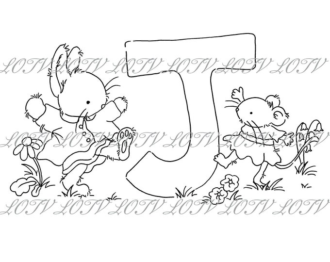 Lotv Digi Stamp - KG - Letter J - Tea Party Initials, Jpg, Rabbit and Mouse, Alphabet, Digital, Artwork