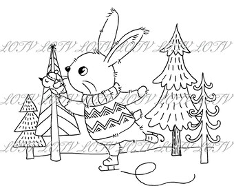 Lili of the Valley Digi Stamp - Skating Bunny, JPEG, Christmas, Xmas, Noel, Festive, Snow, Digital