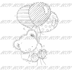 Może przedstawiać: Czarno-biały rysunek przedstawiający pluszowego misia trzymającego trzy balony. Balony są ozdobione kropkami, paskami i wzorem patchworkowym.