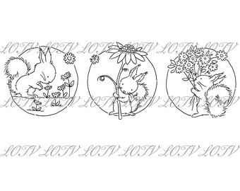 LOTV Digi Stamp - AS - Trio Squirrel Flowers, JPEG, Digital