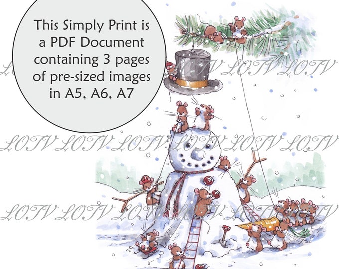 Lili of the Valley Full Colour Simply Print - AS - Christmas Mice Snowman, 3 Page PDF Ready to Print Document, Digital