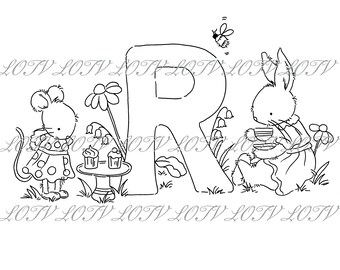 Lotv Digi Stamp - KG - Letter R - Tea Party Initials, Jpg, Rabbit and Mouse, Alphabet, Digital, Artwork