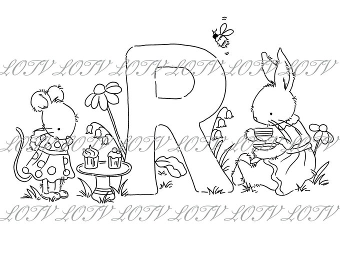 Lotv Digi Stamp - KG - Letter R - Tea Party Initials, Jpg, Rabbit and Mouse, Alphabet, Digital, Artwork