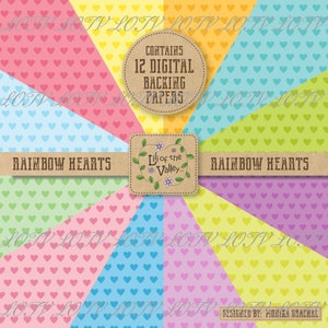 May include: A set of 12 digital papers featuring a rainbow heart pattern. The papers are perfect for scrapbooking, card making, and other craft projects. Contains 12 digital backing papers.