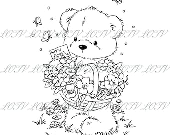 Lili of the Valley Digi Stamp - CG - James Flower Basket - JPEG, Bear with Flowers, Digital Artwork