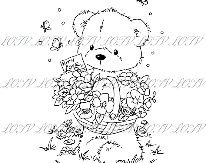 Lili of the Valley Digi Stamp - CG - James Flower Basket - JPEG, Bear with Flowers, Digital Artwork