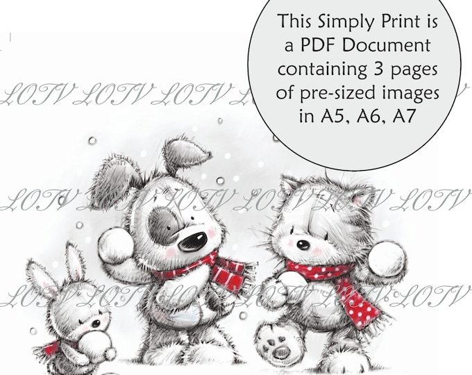 Lili of the Valley Full Colour Simply Print - CG - Snowball Fight, Christmas, Dog, Cat, Bunny, 3 Page PDF Ready to Print Document, Digital