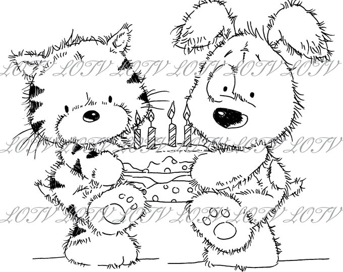 Lili of the Valley Digi Stamp - CG - Patch and Puss It takes Two, JPEG, Dog, Cat, Cake, Digital