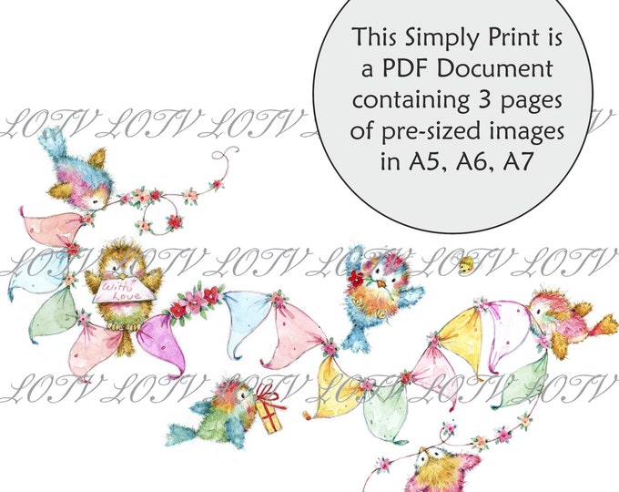 Lili of the Valley Full Colour Simply Print - Birds and Bunting - Little Birds, Tea Party, 3 Page PDF Ready to Print Document, Digital