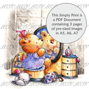 May include: A watercolor illustration of a teddy bear wearing a purple dress and a pink bow, looking at its reflection in a mirror. The teddy bear is sitting on a vanity with a white kitten sitting on the floor below. The vanity has a mirror, a shelf with bottles, and a drawer. The background is a gray wall.