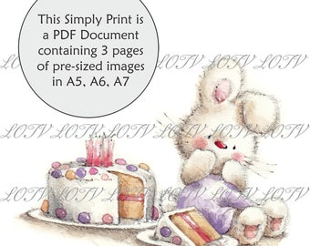 Lili of the Valley Full Colour Simply Print - IH - Birthday Cake Bunny, 3 Page PDF Ready to Print Document, Digital