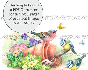 Lili of the Valley Full Colour Simply Print - Chaffinch and Bluetits, Floral, Spring, 3 Page PDF Ready to Print Document, Digital