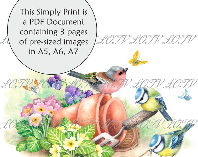 Lili of the Valley Full Colour Simply Print - Chaffinch and Bluetits, Floral, Spring, 3 Page PDF Ready to Print Document, Digital