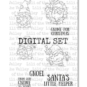 May include: A black and white digital set featuring illustrations of Christmas gnomes. The image includes four different gnome designs with text that reads "Gnome for Christmas", "Digital Set", "Gnoel", and "Santa's Little Helper".