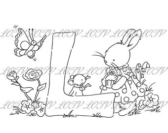 Lotv Digi Stamp - KG - Letter L - Tea Party Initials, Jpg, Rabbit and Mouse, Alphabet, Digital, Artwork