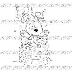 May include: A black and white line drawing of a teddy bear popping out of a birthday cake with candles. The bear has a surprised expression on its face.