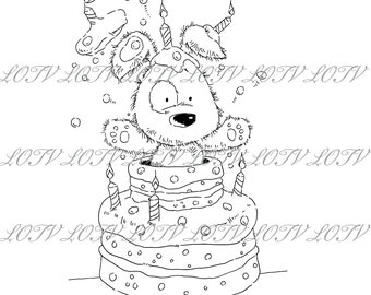 Lili of the Valley Digi Stamp - CG - Jack Patch and Puss Surprise, JPEG, Dog, Birthday, Cake, Digital