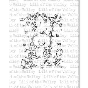May include: Black and white line art of a cute character on a swing, surrounded by flowers and a squirrel. The image has the text "Lili of the Valley" repeated in the background.