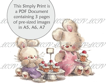Lili of the Valley Full Colour Simply Print - IH - Bunnies Tea for Two, 3 Page PDF Ready to Print Document, Digital