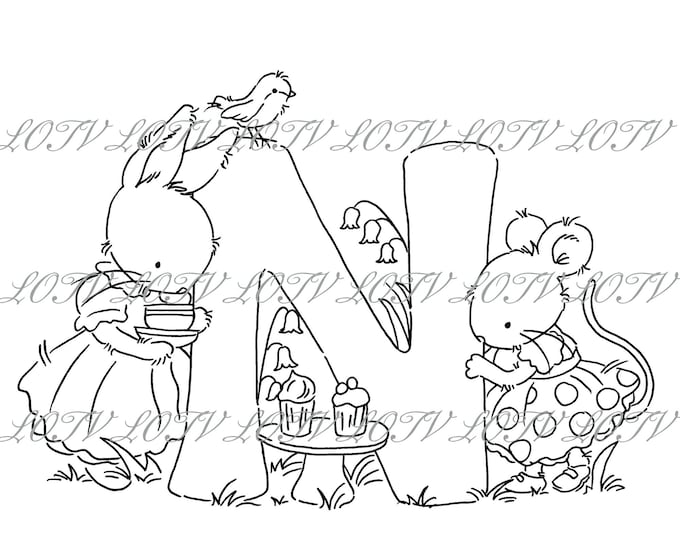 Lotv Digi Stamp - KG - Letter N - Tea Party Initials, Jpg, Rabbit and Mouse, Alphabet, Digital, Artwork