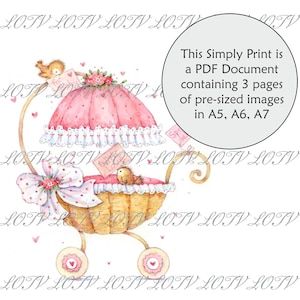 LOTV Impresión a todo color Simply Print - Cochecito de bebé rosa, documento PDF de 3 páginas listo para imprimir, digital