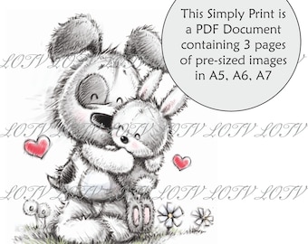 LOTV Impresión a todo color - CG - Gran abrazo, perro, conejito, abrazos, amigo, amor, documento PDF listo para imprimir de 3 páginas, digital