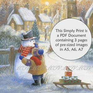 May include: A snowman with a red and white striped scarf and a black hat stands in a snowy winter village scene. A child in a blue hat and brown coat is building the snowman. A bird sits on top of a stack of wrapped presents.