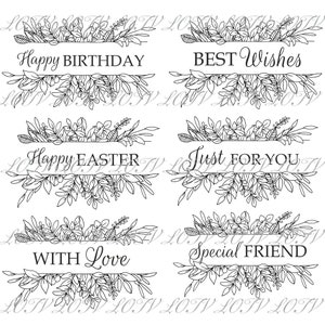 May include: Black and white line art floral frames with different greetings. The greetings are: Happy Birthday, Best Wishes, Happy Easter, Just For You, With Love, Special Friend.