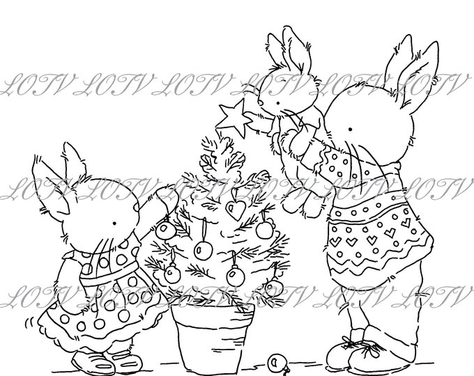 Lotv Digi Stamp - KG - Bunnies Decorating the Tree, Jpg. Christmas, Festive, Noel, Digital, Artwork