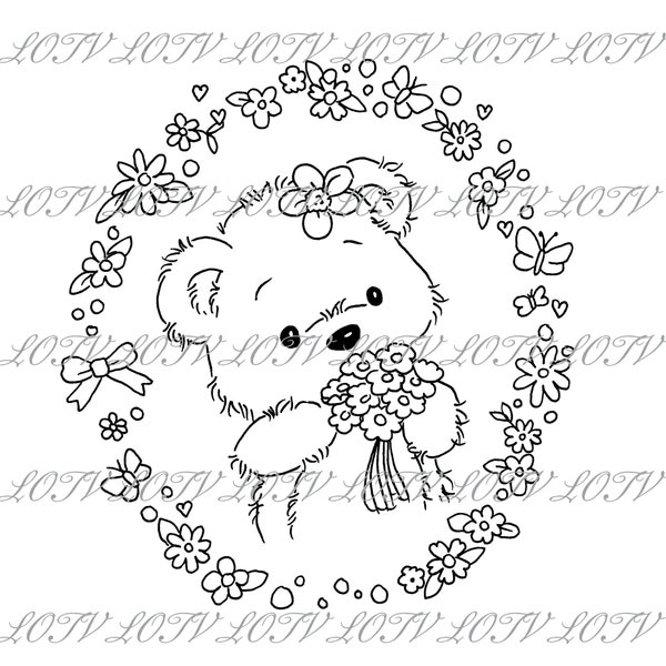 Lili of the Valley Digi Stamp - CG - Jenny Floral Border - JPG, Bear, Flowers, Digital