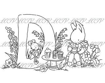 Lotv Digi Stamp - KG - Letter D - Tea Party Initials, Jpg, Rabbits, Alphabet, Tea and Cake, Digital, Artwork