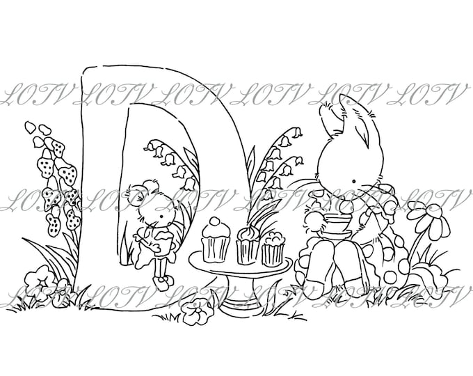 Lotv Digi Stamp - KG - Letter D - Tea Party Initials, Jpg, Rabbits, Alphabet, Tea and Cake, Digital, Artwork