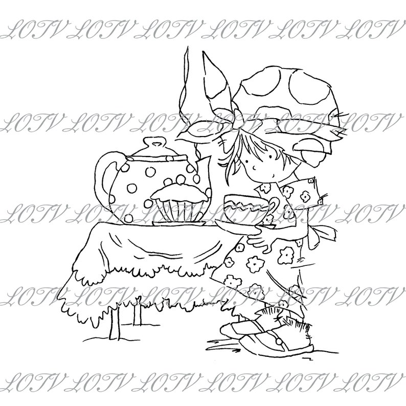 Digital Lili of the Valley Digi Stamp Birthday Female JPEG Time for a Cuppa Sweet Artwork Girl Cute AS