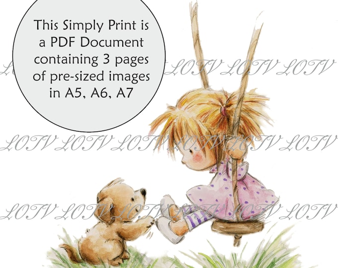 Lili of the Valley Full Colour Simply Print - Millie on a Swing, Girl, 3 Page PDF Ready to Print Document, Digital