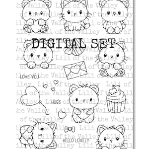 May include: A digital stamp set featuring black and white illustrations of cute bears and cats with various accessories, including hearts, balloons, cupcakes, and envelopes. The text "DIGITAL SET" is included in the image.