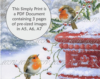 Lili of the Valley Full Colour Simply Print - Robins on Holly, 3 Page Ready to Print PDF Document, Digital