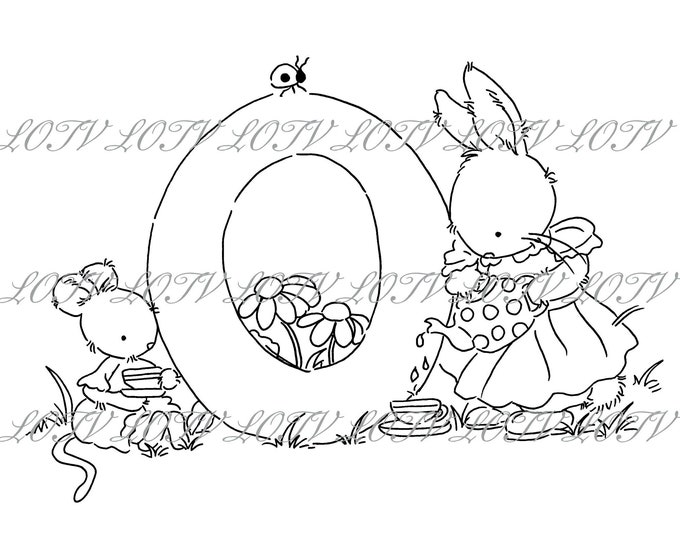Lotv Digi Stamp - KG - Letter O - Tea Party Initials, Jpg, Rabbit and Mouse, Alphabet, Digital, Artwork