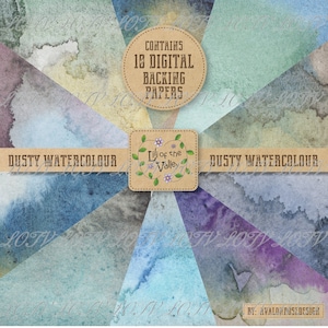 May include: A digital paper pack containing 10 dusty watercolour backgrounds. The papers are in shades of blue, green, and purple. The text "CONTAINS 10 DIGITAL BACKING PAPERS" is in a circle at the top of the image. The text "DUSTY WATERCOLOUR" is at the top and bottom of the image. The text "Lili of the Valley" is in a circle in the centre of the image.