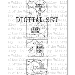 Puede incluir: Conjunto digital en blanco y negro con un oso y ilustraciones temáticas de cumpleaños. El conjunto incluye imágenes con los textos "Happy Birthday to You", "You are Beary Special" y "For You".