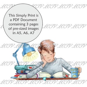 Könnte beinhalten: Eine Aquarell-Illustration eines Jungen, der an einem Schreibtisch mit einer Lampe, Büchern und einer Tasse mit der Aufschrift "Brain Box" lernt. Der Text "This Simply Print is a PDF Document containing 3 pages of pre-sized images in A5, A6, A7" befindet sich in einem Kreis oben im Bild.
