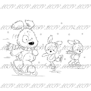 May include: A black and white line drawing of three furry animals ice skating. The animals are a dog and two rabbits. The dog is wearing a scarf and is skating on a pair of ice skates. The rabbits are also wearing scarves and are skating on ice skates.