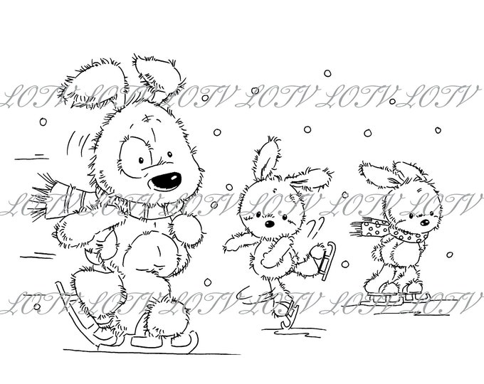 Lili of the Valley Digi Stamp - CG - Jack, Patch and Puss Skating Fun, JPEG, Christmas, Xmas, Noel, Festive, Digital