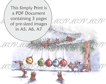 LOTV Full Colour Simply Print - IH - Christmas Mice Baubles, 3 Page PDF Ready to Print Document, Digital